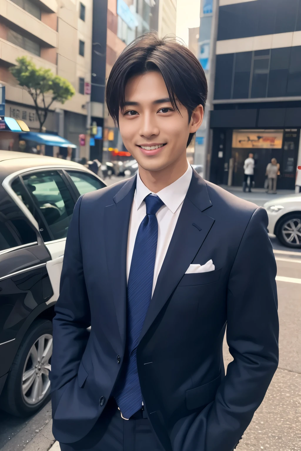 (highest quality、Best image quality、超A high resolution)、Japanese、Handsome man、30 years old、Happy young Japanese businessman president、Very attractive businessman, Black suit、Elegant costumes and halls々Stand with arms folded and a smile、masterpiece、Photo realistic、The background is blurred、Big smile、Latest stylish suits 、Medium Hair、Super cool、Twink、Soft skin and a nice perfect face、8k、Surreal、