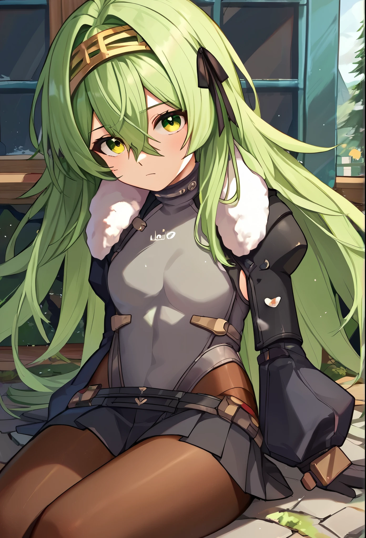 score_9, score_8_up, score_7_up, source_anime BREAK 1girl, solo, kilo, green eyes, green hair, long hair, hairband, black hair ribbon, fur trim, grey leotard, black sleeves, long sleeves, black skirt, pantyhose, gloves