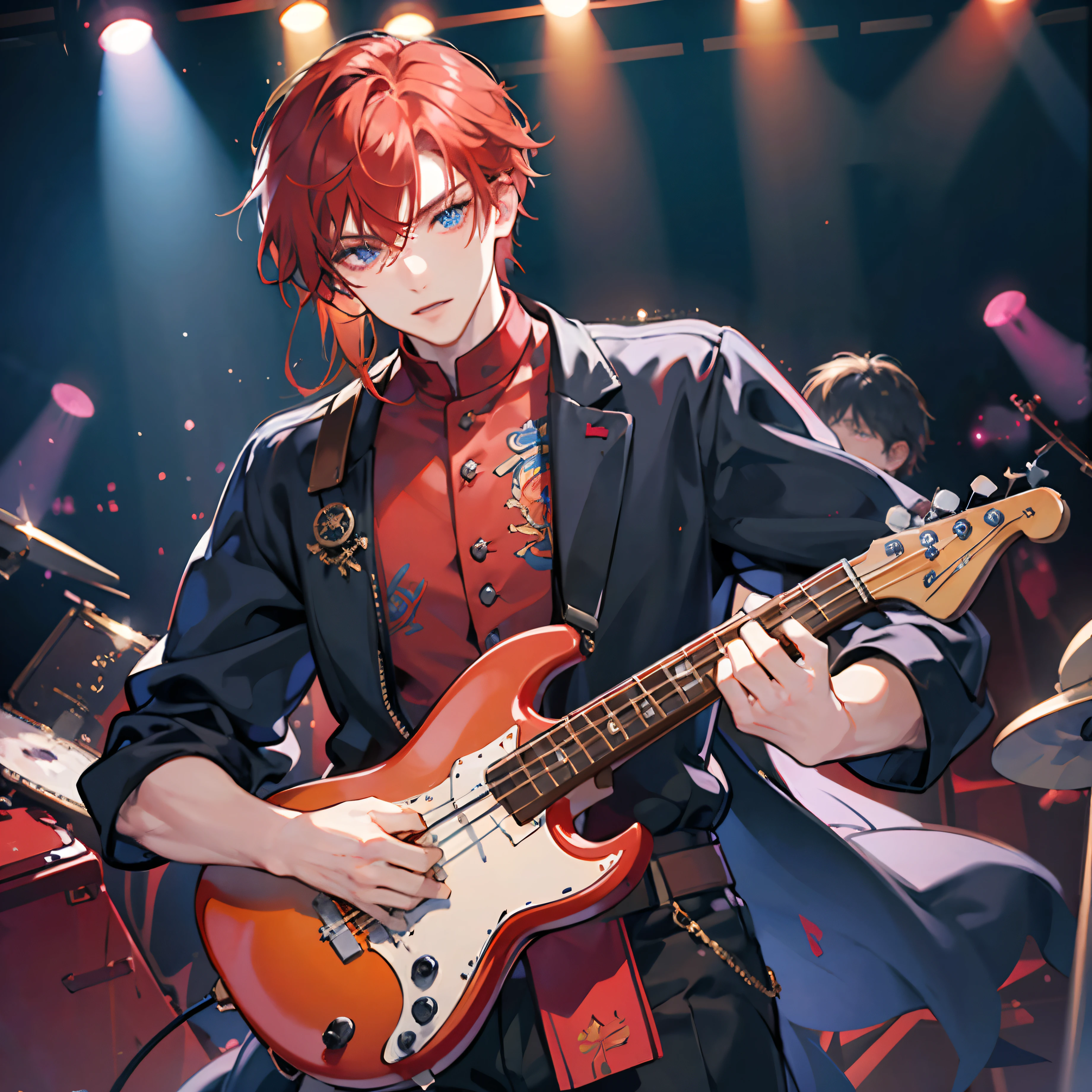 red-haired man with blue eyes playing the bass,illustration,detailed fingers,funky style,energetic body movement,cool stage lights,highres,portrait,contrast lighting,bokeh,vibrant colors,studio recording,hair flowing in the air,blurred background
