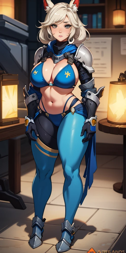 sexy woman in a blue outfit, concept art by senior character artist, Artstation, furry art, thicc, thick armor, sfw version, thick smooth warframe thighs, cutesexyrobutts, from overwatch, commission for high res, samira from league of legends, orianna, blue armor, in opal armor, bikini armor female knight