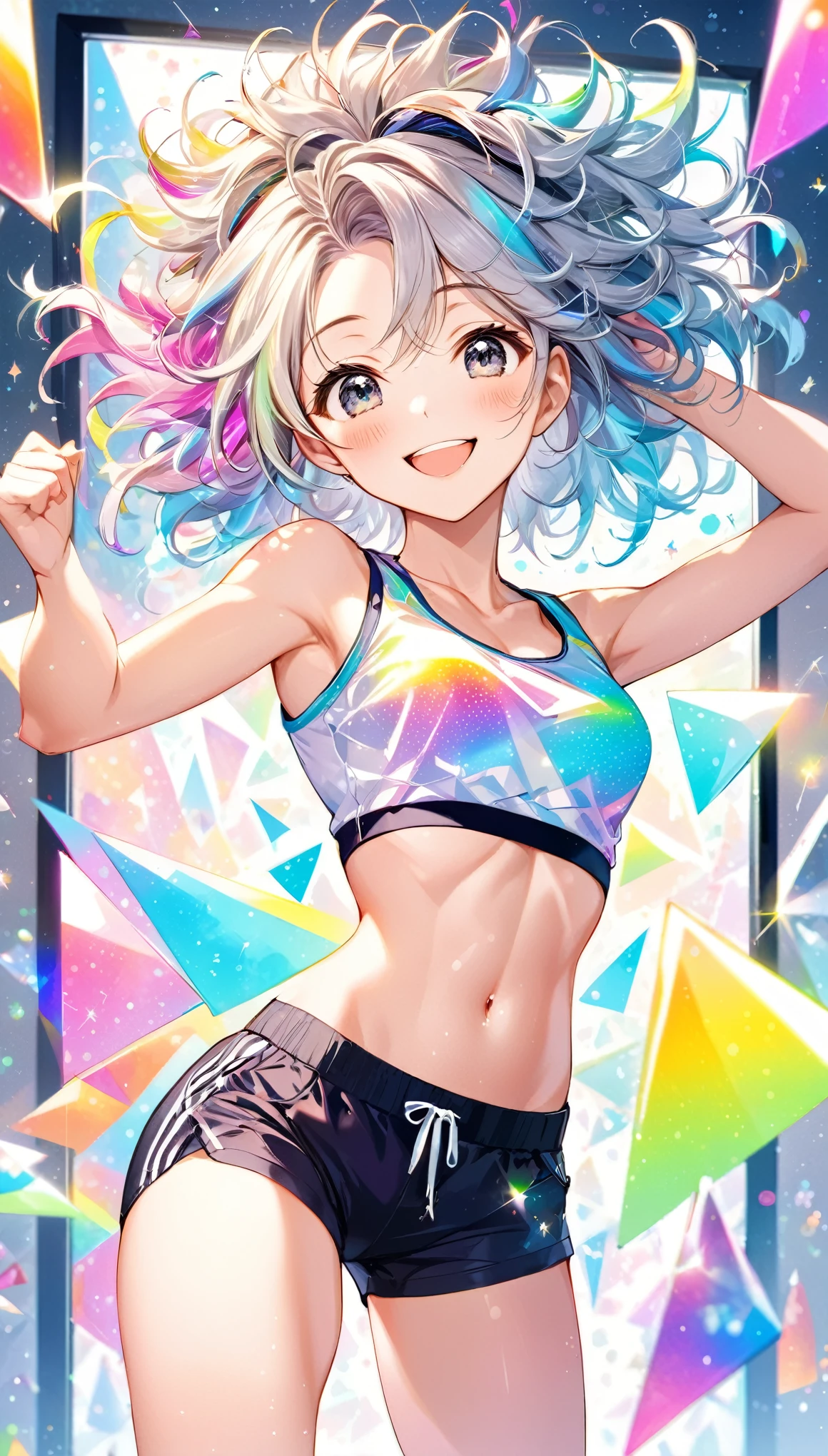 best quality, super fine, 16k, incredibly absurdres, extremely detailed, delicate and dynamic, cute woman, messy hair, smile, happily doing dance exercises, wearing crop tank top and shorts, superlative body proportion, abs, prism effect, mirror effect, background pastel dot colors, sparkling image style