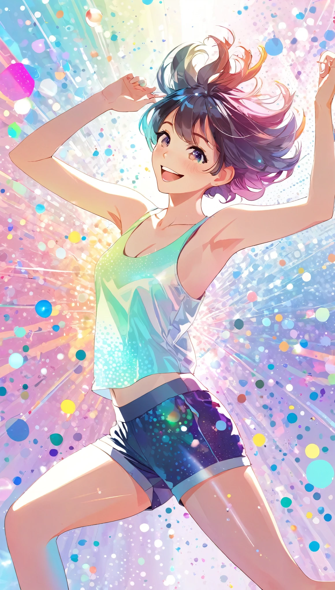 best quality, super fine, 16k, incredibly absurdres, extremely detailed, delicate and dynamic, cute woman, messy hair, bright smile, happily doing dance exercises, wearing crop tank top and shorts, superlative body proportion, prism effect, mirror effect, background pastel dot colors, sparkling image style