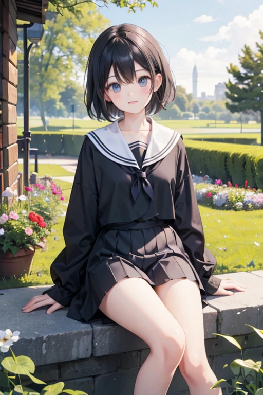 (8k, highest quality, Tabletop:1.2)、Ultra-high resolution、One 12-year-old girl, Detailed face、black eye, Black Hair, short hair, White socks, Black Loafers, Black Sailor Suit, Striped panties, garden, Sitting on the grass