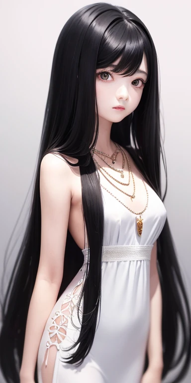 Top quality masterpiece illustrations、Black hair and black eyes、Wearing multiple necklaces、Girl in white dress looking up、Beautiful face with hair on the side long hair at the angle of the lower body is fair、more details、