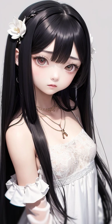 Top quality masterpiece illustrations、Black hair and black eyes、Wearing multiple necklaces、Wearing earrings、 in a white fancy dress looking up、Cute and elegant face with long hair in the upward view. The angle of the lower body is fair..。