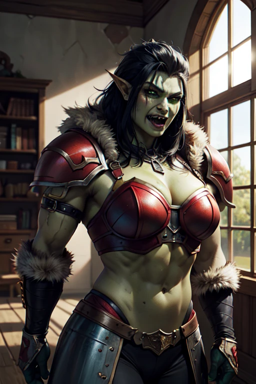 1girl, sxz-orcs, beautiful big muscular shewoworc, fangs out, green skin, red armor, pauldrons, fur trim, black hair, mohawk, medieval room indoors, window, sunlight, volumetric lighting, best quality, masterpiece,