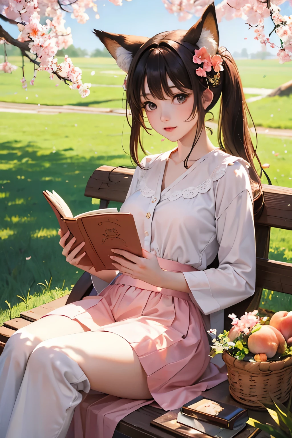 (masterpiece), (best quality), 1girl, fox ears, sitting under the tree, peach tree, peach blossom, reading book, anime