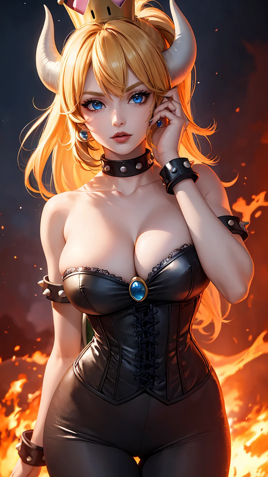 ((high detailed, best quality, 4k, masterpiece, hd:1.3)), ((best quality)), (((HD))), (((8k))), (ultraDH), (ultra HD), blue eyes, BREAK blue eyes, seductive, attractive, smooth anime cg art, 36C breasts, long legs, vivid colors, detailed digital art, slim body, perfect skin, dark blonde hair, long hair, blonde hair, blonde hair, BREAK crown, cleavage, 36C cleavage, looking at viewer, BREAK looking at viewer, extremely detailed face, red santa suit, red santa claus suit, santa claus suit, earrings, gem, dark black makeup lips, dark gothic eyeshadows, dark eyeshadows, black eyeshadows, black sexy lips, black lips, (dark:1.2), dark lips, very dark lips, (perfect hands, perfect anatomy), black makeup, black medium lips, black thick lips, detailed fingers, five fingers per hand, 5 fingers, (1 girl), detailed lips, detailed black lips, black painted lips, gothic painted lips, BREAK night, night sky, (breast focus), (arms outstreched:1.2), (from above:1.1), (breasts out:1.3), (((raised breasts))), (off shoulder:1.1), (white horns), (corset), inside a lava castle, she inside a sea of lava, she bathing in lava,