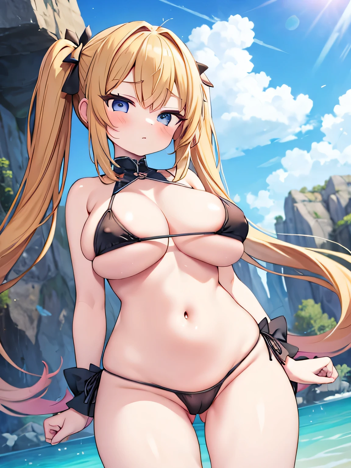 masterpiece, best quality, ultra detailed,1 girl , large breasts , long hair, twin tails, ), micro bikini, BREAK, camel toe,
