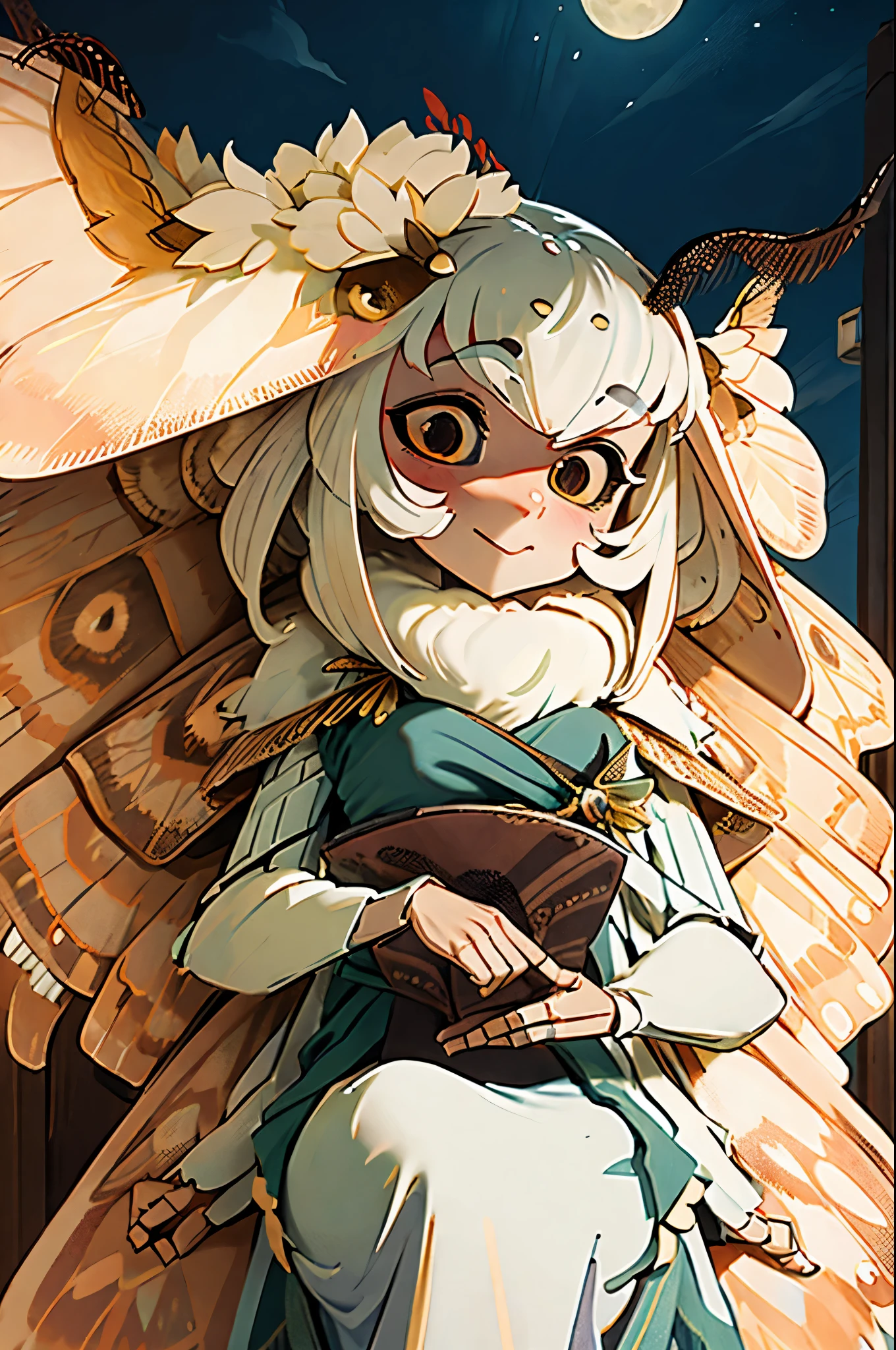 alone,1 Female\(cute,cute,Small ,Skin color is white,Short white hair,(大きなmoth wings毛:1.7),White Dress\(Beautiful lace\),(Two moth antennae on hair:1.8),smile,[背中のmoth wings:2.0],[体にmoth wingsがある:2.0],[moth wings:2.0],[Extra Arms],moth wingsは毛の部分にのみある,chest,Dynamic pose\),background\(night,moon,((Beautiful street lights))\), break ,quality\(8k,非常に精細なCGユニットのwallpaper, masterpiece,High resolution,top-quality,top-quality real texture skin,Surreal,Increase the resolution,RAW Photos,最高quality,Very detailed,wallpaper,Cinema Lighting,Ray-tracing,Golden Ratio,\),whole body,avert your eyes