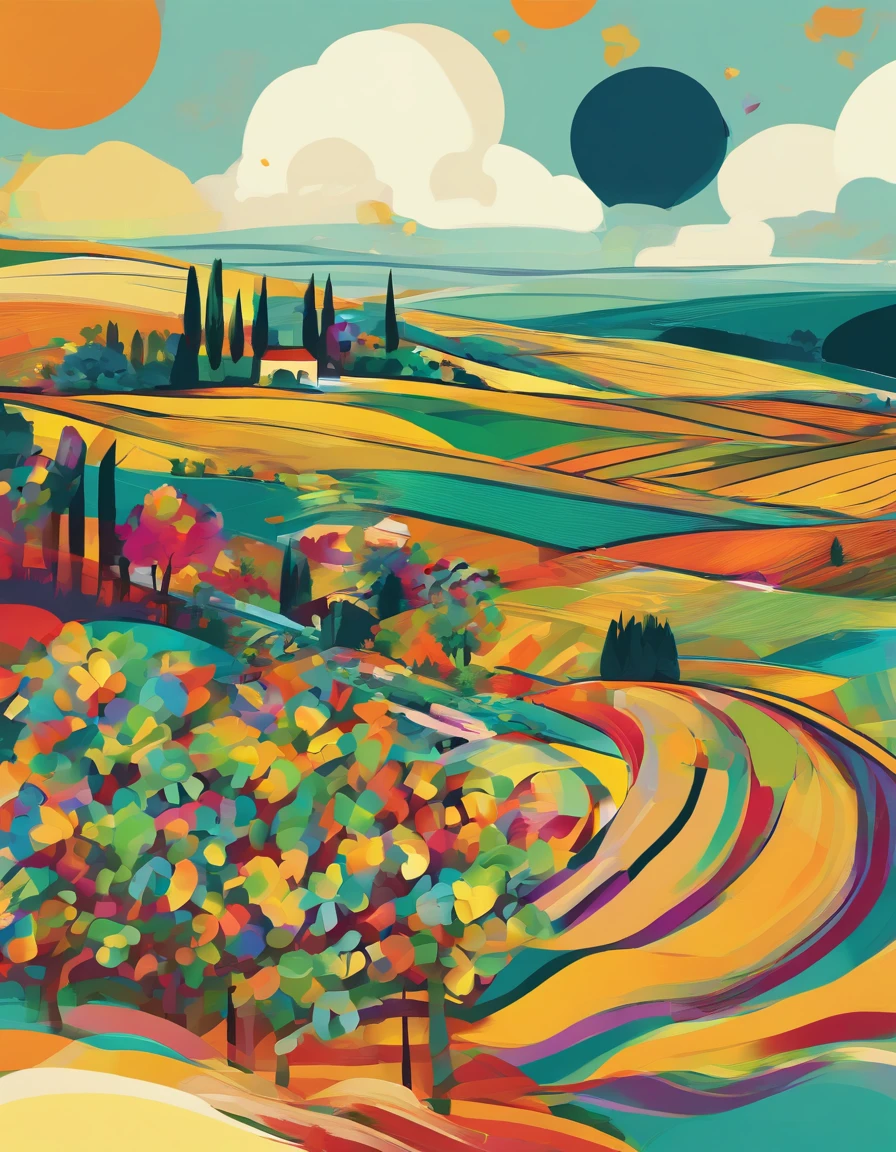 √(2×4)+5^(2), cypress hill, tuscany countryside, digital art