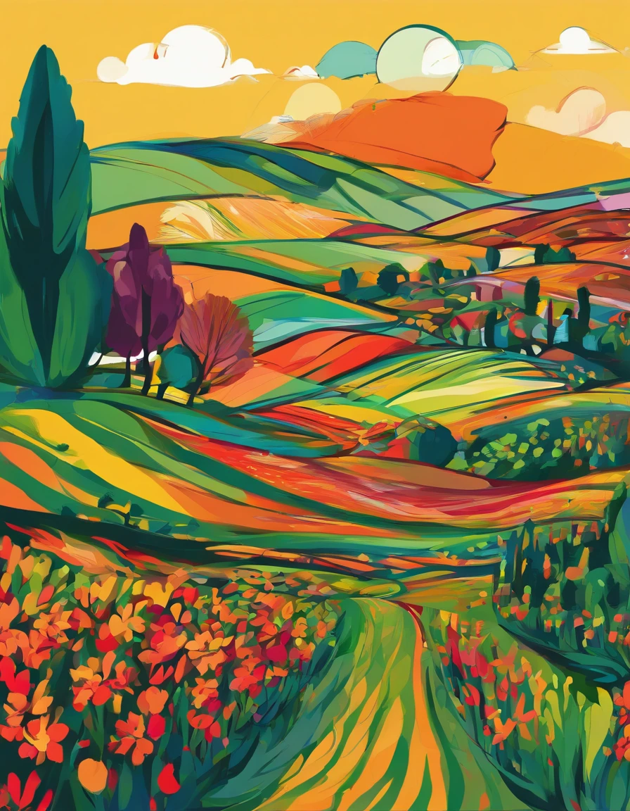 √(2×4)+5^(2), cypress hill, tuscany countryside, digital art
