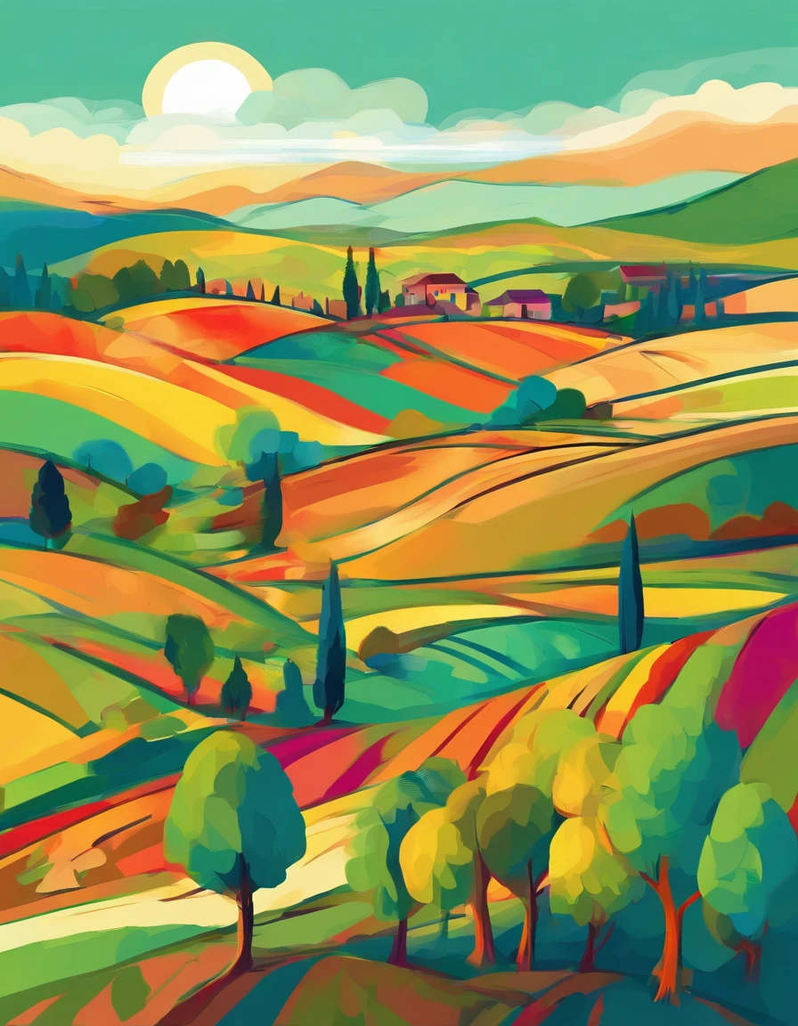 √(2×4)+5^(2), cypress hill, tuscany countryside, digital art