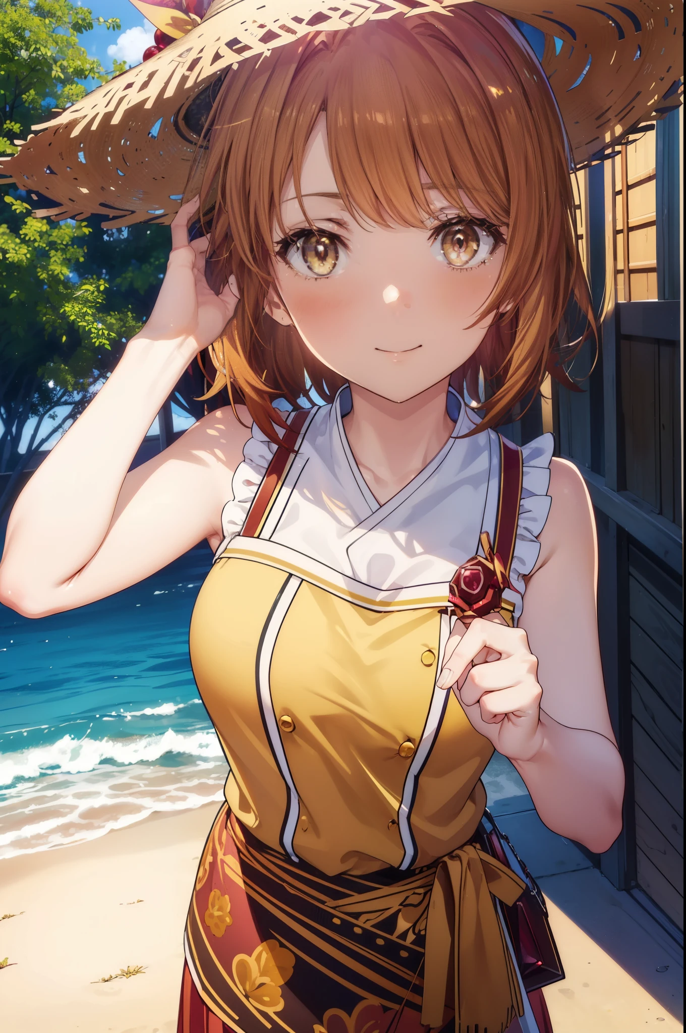 misty, masterpiece, highres, best quality, ultra-detailed, perfect lighting, adult, female, 1girl, solo, (food:0.8), grass, picknick, smile, looking at viewer, happy, cute, (river:1.2), topless, suspenders, jeans shorts, bubble butt, bright colors, holding suspenders out, perky nipples, cowboy pose, standing, wide stance, bent over