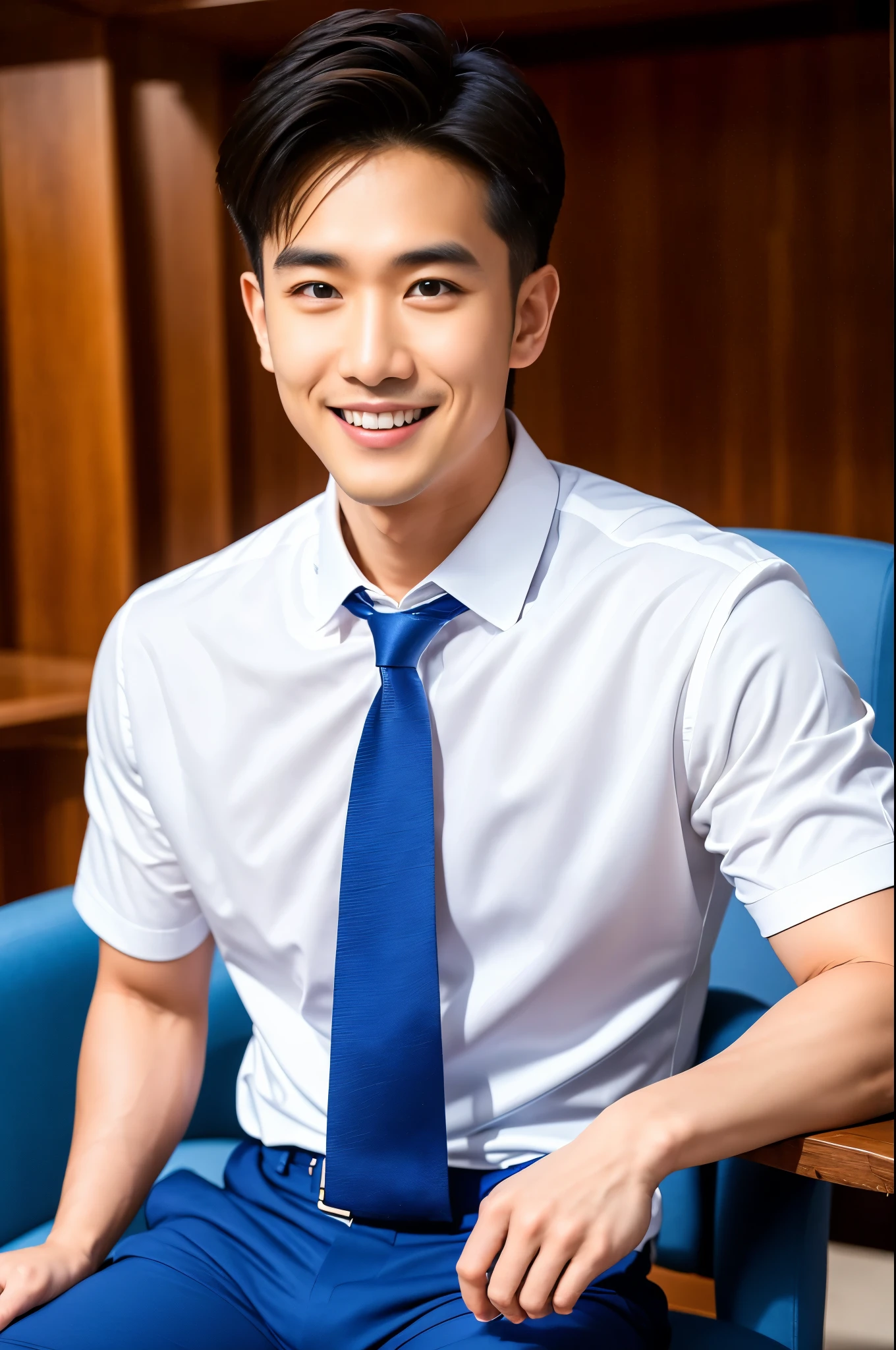 (masterpiece: 1.2),(CGI Art:1.3),(Realistic:1.5),(Post-processing:1.3), (Sharp focus:1.3), A man smiling and showing his teeth, (Wear a white shirt... Blue tie), Short sleeve), Navy Pants, Korean , Korean男性, (High gloss detail), Chest muscles, Big arm muscles, Blood vessel, Big muscles, Broad shoulders, Looking at the audience, Balance the eyes, (The background is the office.), Sit on a chair, Place your arms on the table.