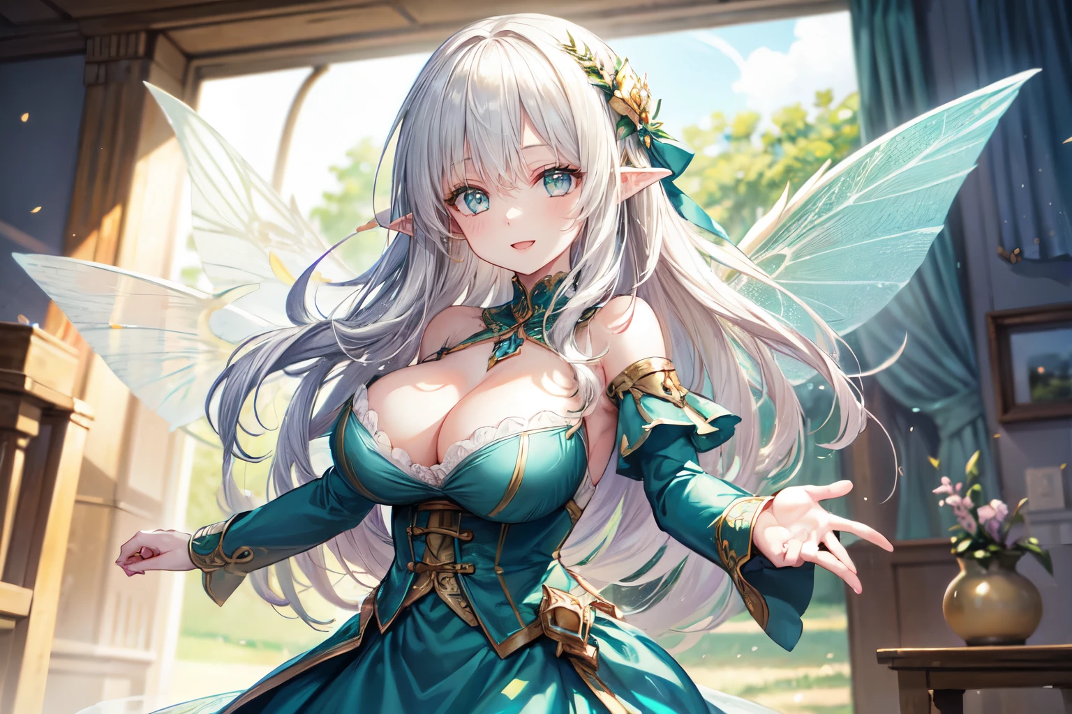 beautiful, View your viewers, Detailed face, Fantasy, beautiful lighting, (22 year old Spanish female), Flowing white hair, Green Eyes, Fine grain, Detailed face, Fine hand, Blue Eyes, Green dress, dress, Elf, Fairy, （Wings growing from his shoulders：1.3）, flying, Flying, Moderate exposure, smile, Smile, Big Breasts, Big Tits, tits, Sex, Bright smile, Cheerful, Overjoyed, big mouse, 