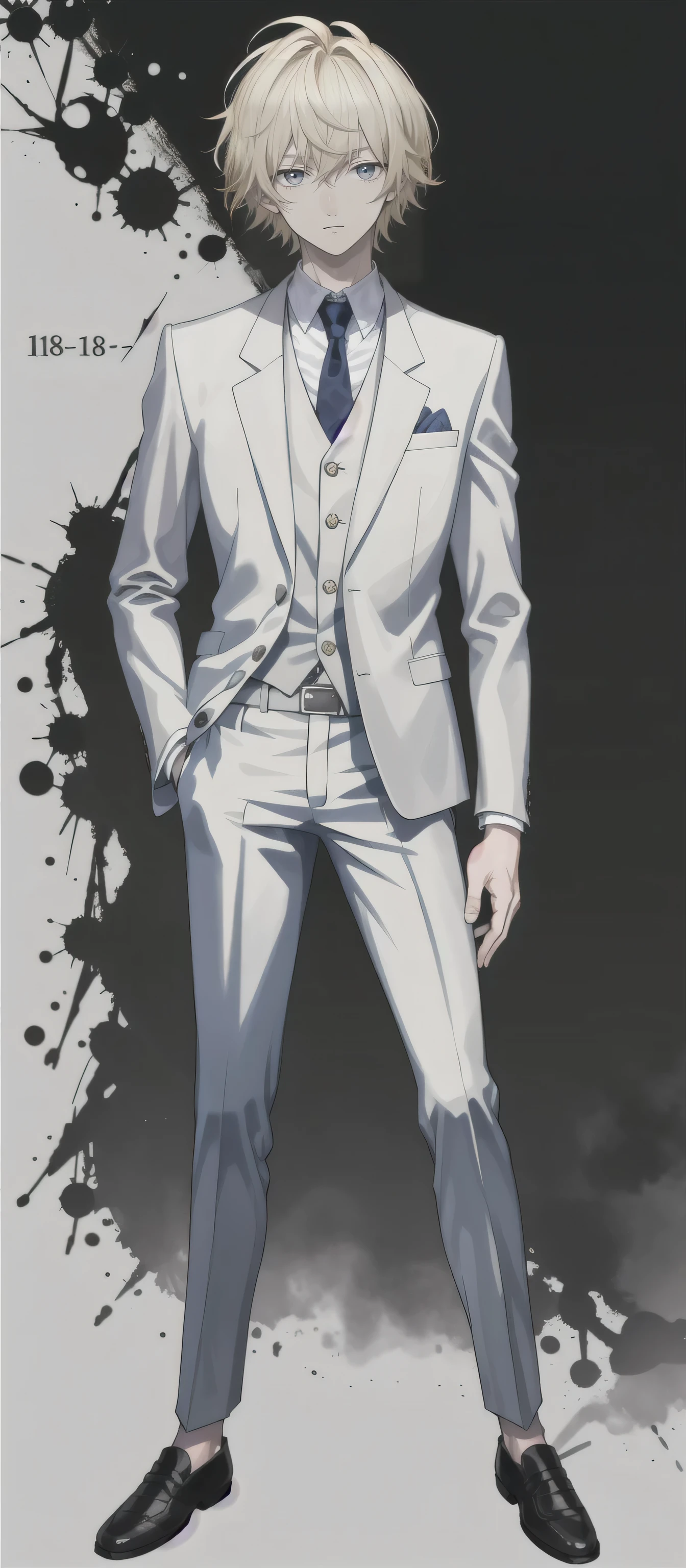 1 man, 18 years old, full body, short hair, blonde hair, Wearing a flamboyant suit, messy hair,