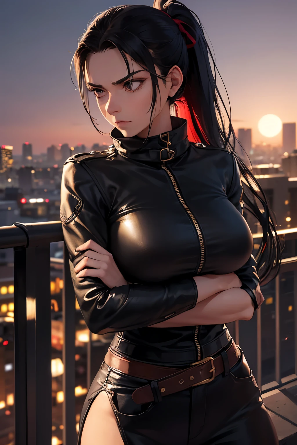 off her shirt as she clenched her fists tightly, a determined look in her eyes. Over her shirt, she donned a thick leather jacket, its sleeves rolled up to reveal the defined muscles in her forearms. A black belt cinched her waist, and around her neck hung a red scarf, flapping gently in the cold wind. In her hands, she carried a pair of brass knuckles, their shiny metal reflecting the moonlit night. Her long, jet-black hair was pulled back into a tight ponytail, securing it with a red ribbon. With steely resolve, she stood at the edge of the rooftop, overlooking the dark and deserted cityscape before her