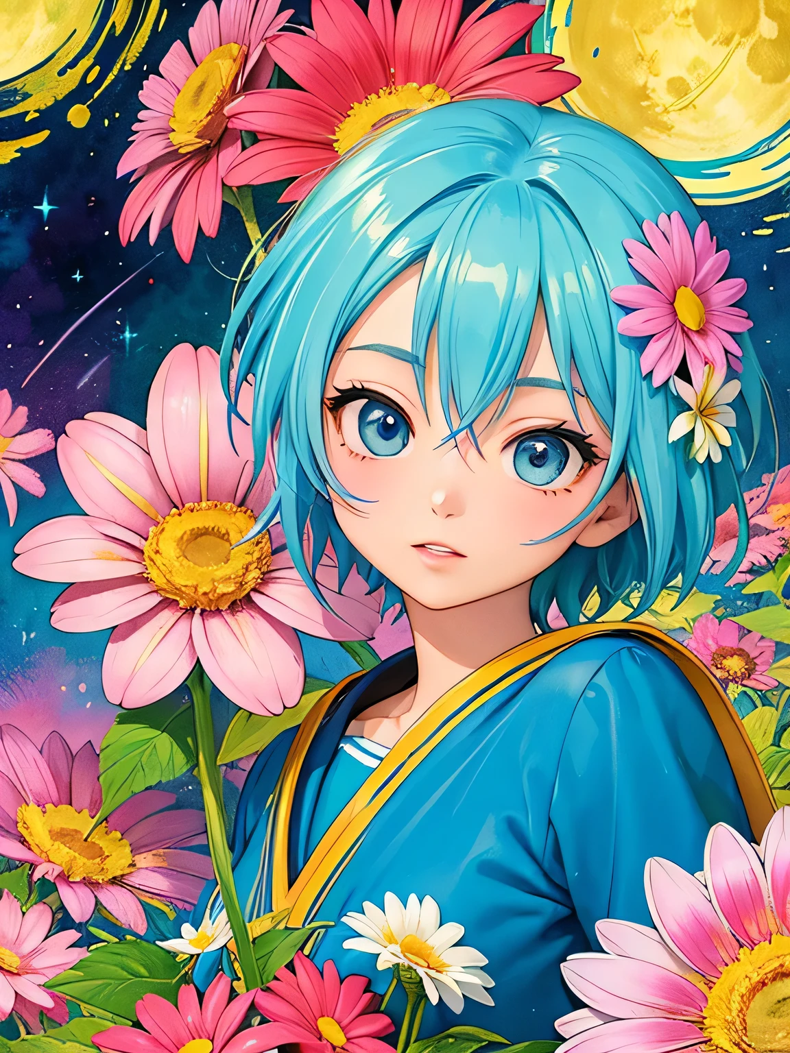 Akira Toriyama style、8K Quality、Intense watercolor, Detailed watercolor art, Watercolor splash, Surreal, avant-garde pop art, Beautiful and expressive paintings, Beautiful artwork illustration, Very colorful tones, wonderful, Cool beauty, highest quality、Official Art, Vector art, Stylish design, ((The most beautiful girl of all time)), (((highest quality))), HDR, ((detailed)), (((Doodle Art)), ((masterpiece)), ((Super detailed)), (((Colorful flowers))), moon,