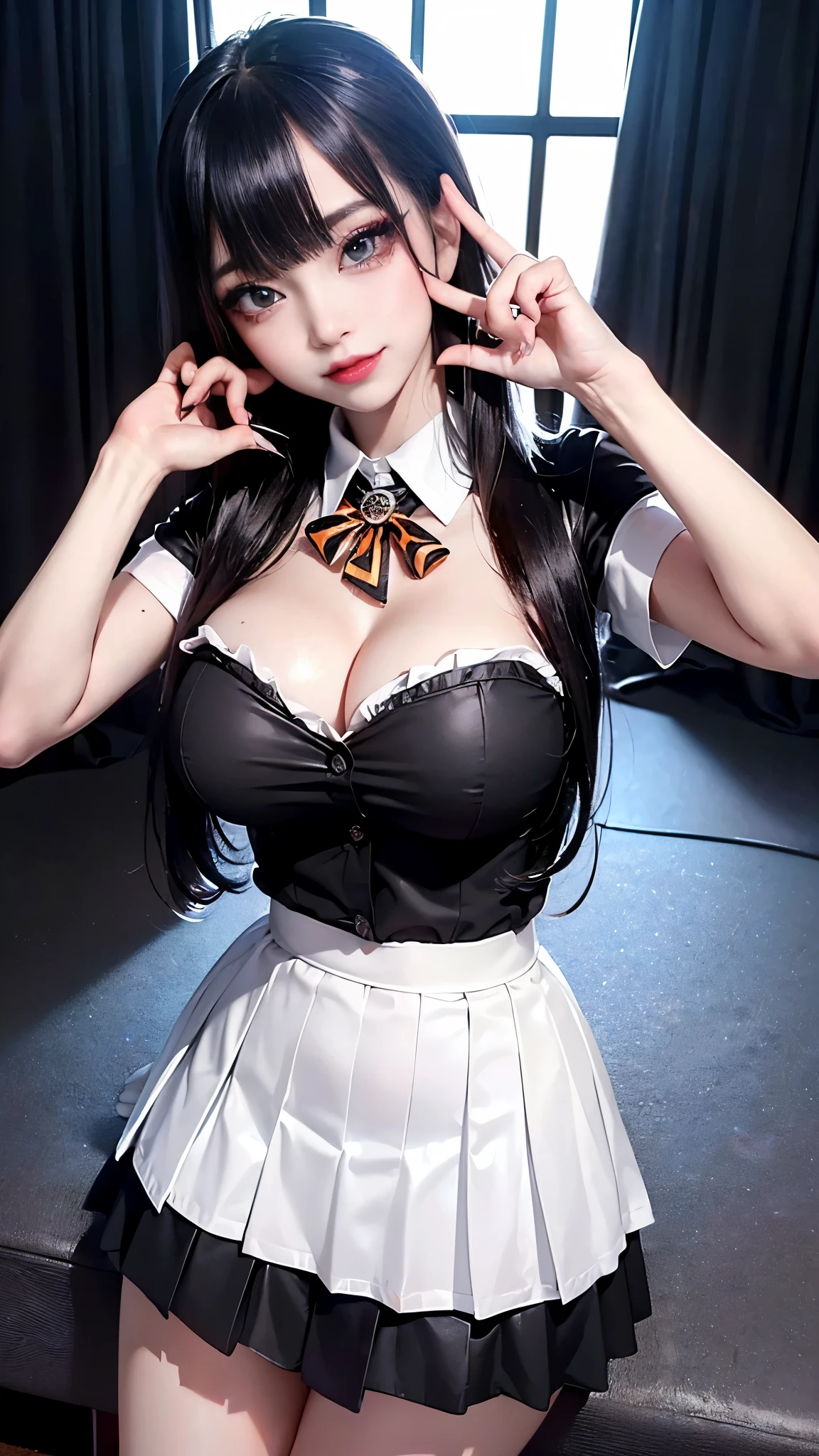 (masterpiece, highest quality, highest quality, Official Art, beautifully、aesthetic:1.2), Cinema Lighting、(Key light at 45 degrees from the front,Orange Fill Light、Soft Blue Backlight、Strong Shadows、Blue and orange color palette), Accurate human body、Someone knowledgeable、Correct five-finger、RAW Photos、 4K - ultra-vivid、highest quality, masterpiece, Ultra-high resolution, (reality: 1.4),
(Oilskin,Glowing Skin、Realistic skin texture、Beautiful skin in every detail),
Full Body Shot, Low camera angle, Written boundary depth, Focus on the center, Beautiful Eyes, Perfect face and eyes、
((Dark red eyeliner、Dark false eyelashes、Eyebrows、Heavy makeup, jirai make up), ((mini skirt, high school girl, Desaturated light source、Desaturated room、Black pleated mini skirt, Shiny white shirt, Room with lights off, kawaii Sexy pose, Flashy makeup)), (((Big Breasts))), (Little Devil Smile)