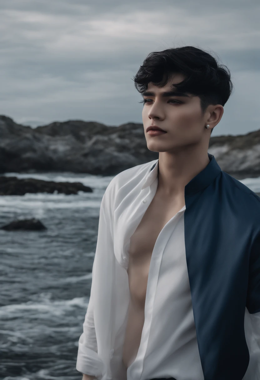 Ocean,White skin, Dick Images, Short black Hair, Brava, big, black, unisex,, Grey Lens, dark blue shirt, White skin, Take a photo with a serious pose.