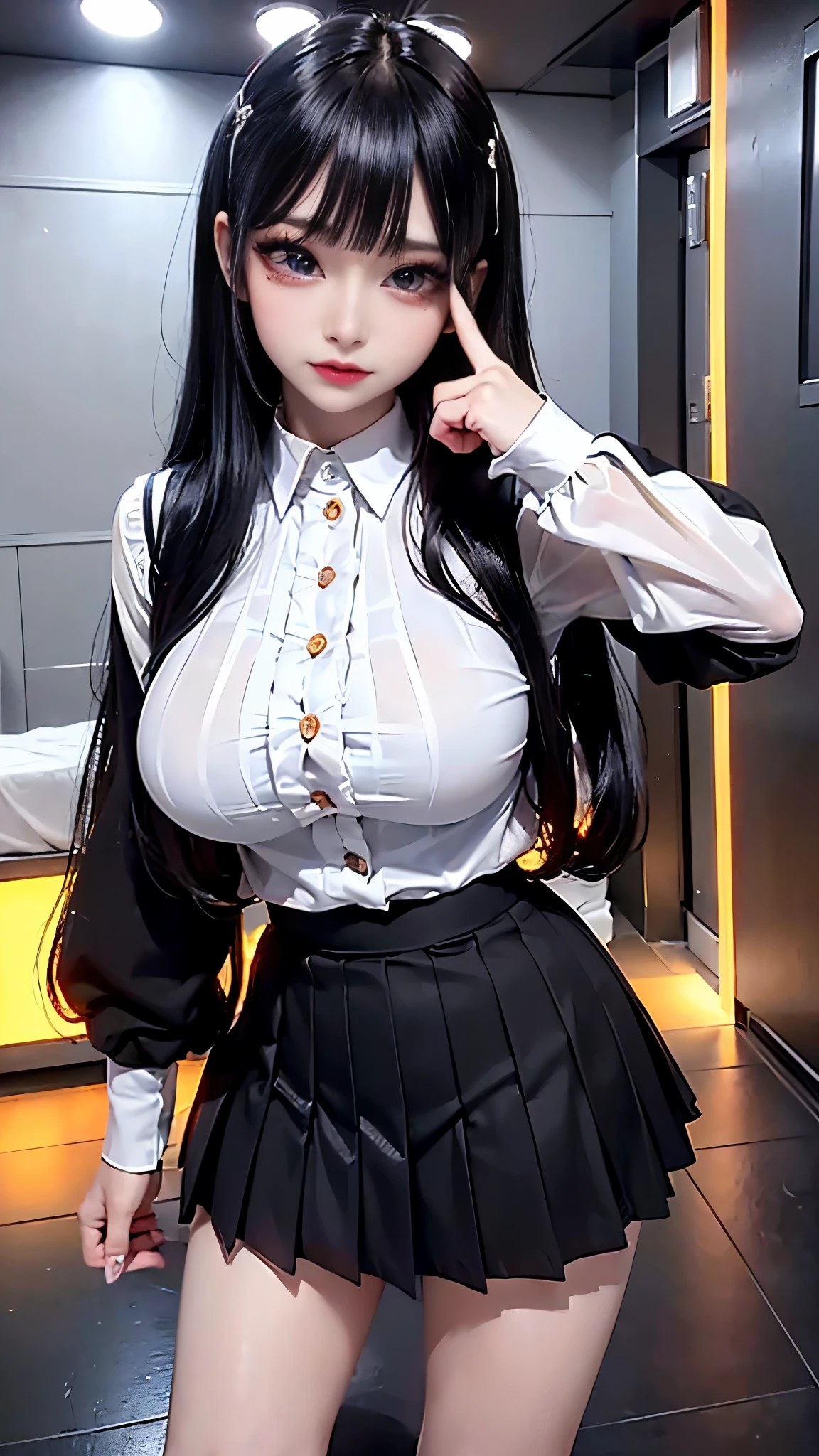 (masterpiece, highest quality, highest quality, Official Art, beautifully、aesthetic:1.2), Cinema Lighting、(Key light at 45 degrees from the front,Orange Fill Light、Soft Blue Backlight、Strong Shadows、Blue and orange color palette), Accurate human body、Someone knowledgeable、Correct five-finger、RAW Photos、 4K - ultra-vivid、highest quality, masterpiece, Ultra-high resolution, (reality: 1.4),
(Oilskin,Glowing Skin、Realistic skin texture、Beautiful skin in every detail),
Full Body Shot, Low camera angle, Written boundary depth, Focus on the center, Beautiful Eyes, Perfect face and eyes、
((Dark red eyeliner、Dark false eyelashes、Eyebrows、Heavy makeup, jirai make up), ((mini skirt, high school girl, Desaturated light source、Desaturated room、Black pleated mini skirt, Shiny white shirt, Room with lights off, Sexy pose, Flashy makeup)), (((Big Breasts))),
