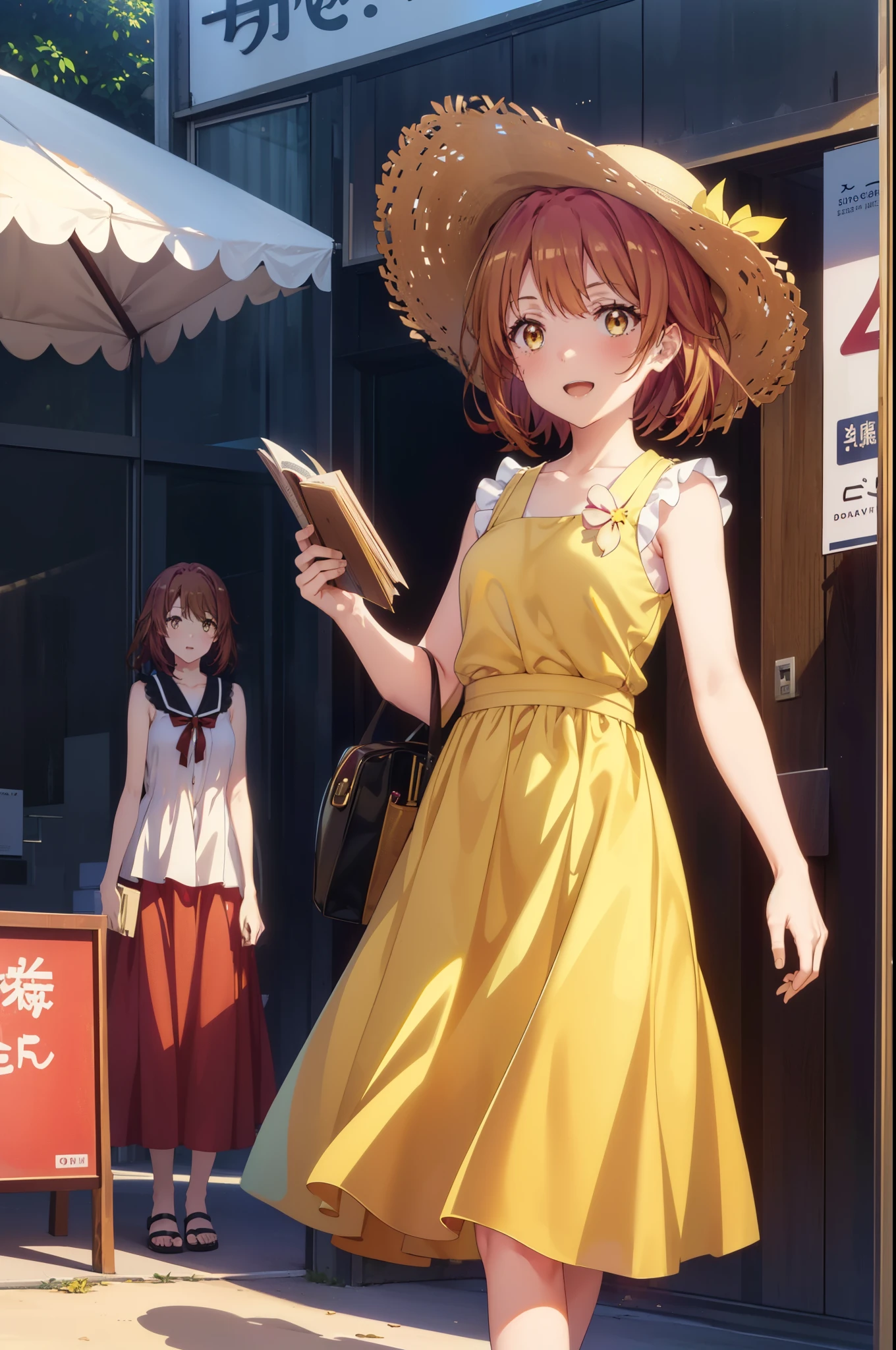 irohaisshiki, Isshiki Iroha, Short Hair, Brown Hair, (Brown ruby eyes:1.5), Sleeveless yellow dress,Yellow long skirt,Cute Sandals,Straw hat,happy smile, smile, Open your mouth,Daytime,Clear skies,True Summer,whole bodyがイラストに入るように,
break outdoors ,公園
break looking at viewer,whole body,
break (masterpiece:1.2), highest quality, High resolution, unity 8k wallpaper, (shape:0.8), (Beautiful and detailed:1.6), Highly detailed face, Perfect lighting, Highly detailed CG, (Perfect hands, Perfect Anatomy),