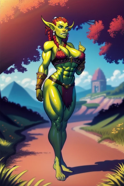 beautiful, (masterpiece:1.2), (best quality:1.2), perfect lighting, sharp focus, 
1girl, solo, highly detailed face, high detail eyes, perfect eyes, perfect face, village, outdoors, sunny, looking_down, looking_at_viewer, standing, cowboy shot, green skin, full body,
orc, orc girl, colored skin, (tusk:1.4), mature orc girl, abs, toned,  absurdly long red hair, braids, hair tied back, 
pikkyfemaleorc,  