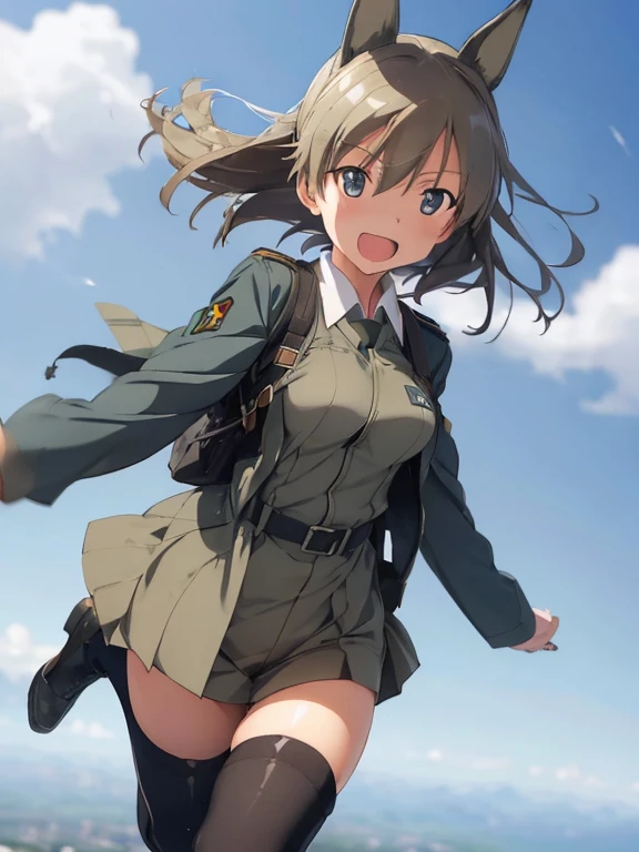 {(ultra realistic photo graphic style:1.4)}, {(1girl free_fall from 10000m above the ground:1.2), (out of focus background:1.4)}, {1girl, 18yo, beasts_ears}, (strike witches:1.4)}, {(cheerful:1.3), (candid shot), (forehead)}, {(inner thighs showing pose:1.2)}