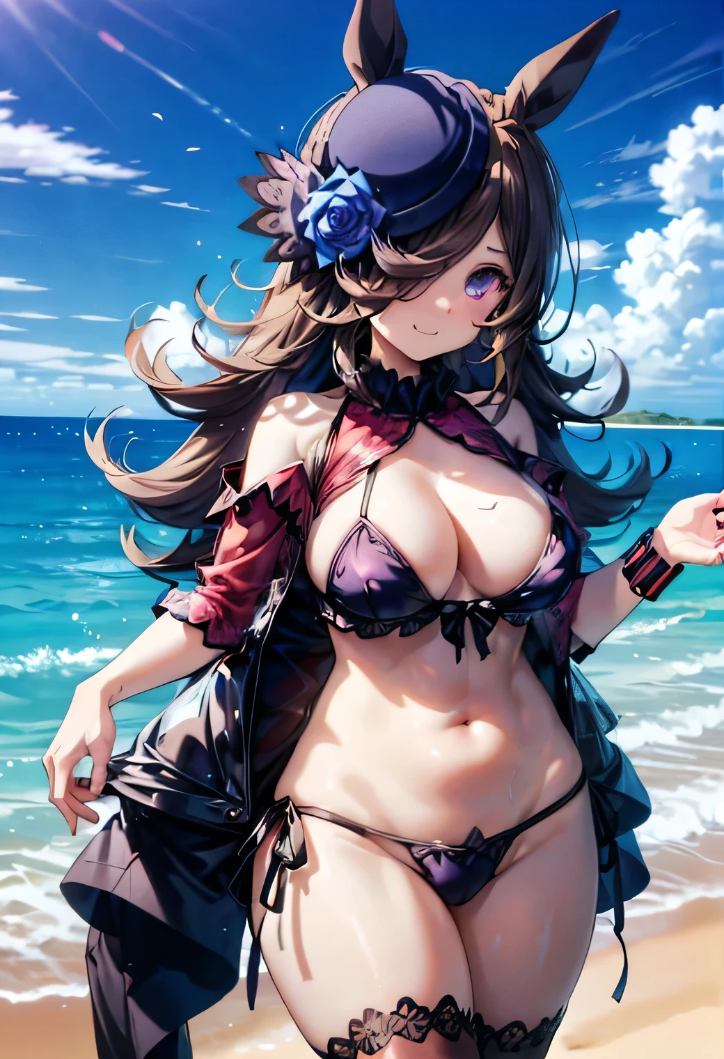 Anime illustration、highest quality、Sandy Beach、Image Video、Voluptuous gravure idol、Perfect proportions、bikini、Overwhelmingly large breasts、Very thick legs、Beautiful, shining eyes、Blushing、smile、Cowboy Shot