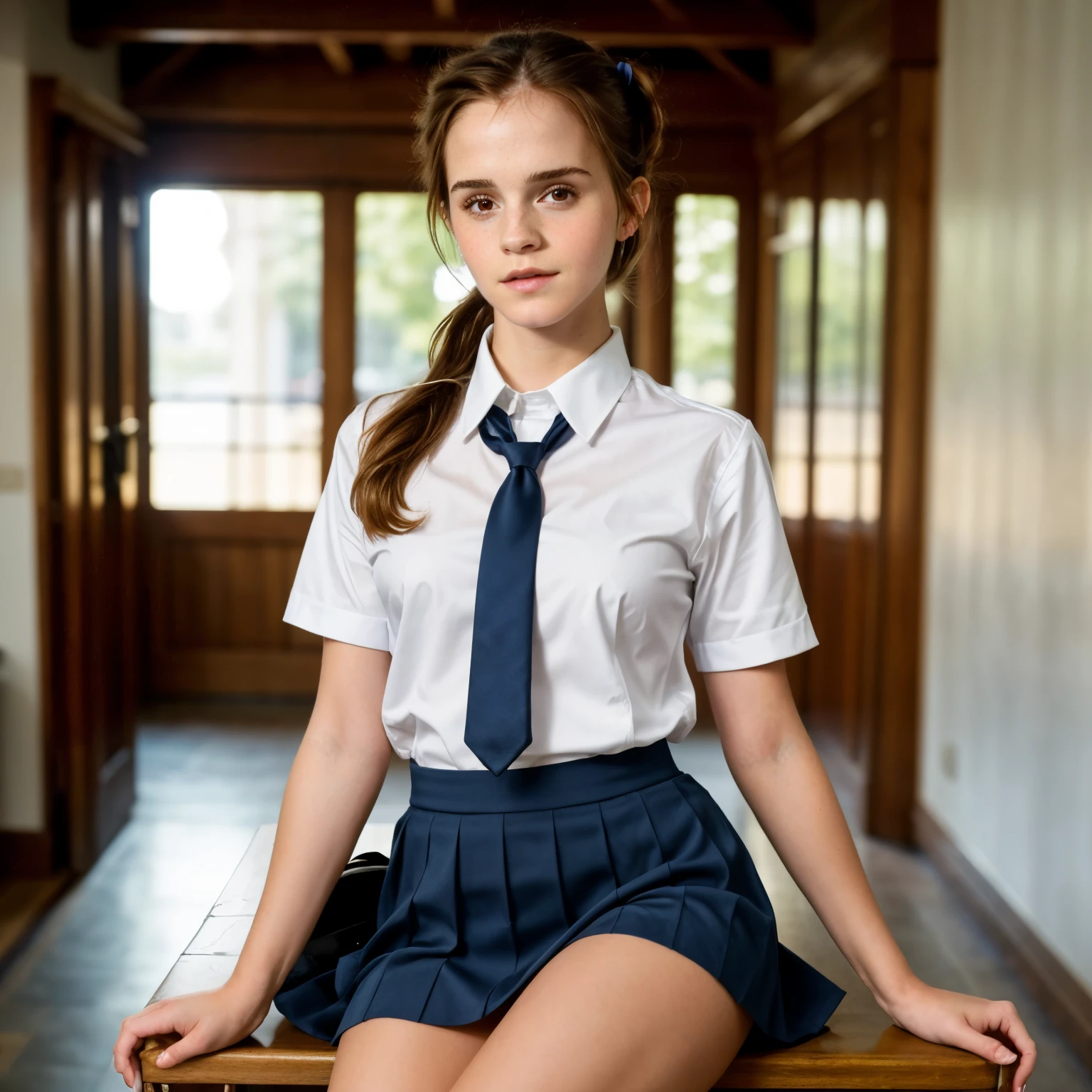 (best quality,4k,8k,high-res,masterpiece:1.2),ultra-detailed,(realistic, photorealistic,photo-realistic:1.37), ((best quality)), ((masterpiece)), (detailed), (NSFW), ((Emma Watson)), ((perfect face)), ((pretty, innocent facial features)), cute girl, super sexy smile, pigtails with blue bows, naked, oiled high gloss skin, full body, white uniform shirt with short sleeves and blue tie, micro dark blue skirt, no panties, white socks and black court shoes, in the crowded school halls, lots of girls in the background,