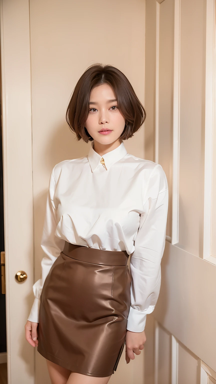 Patterned long sleeve dress、Tabletop、(White wall in the background、In front of a white door:1.4)、((highest quality、8k、masterpiece:1.3))、Japanese woman in her 38s、Ultra-high resolution、(photoGenuineistic:1.4)、RAW Photos、Japanese,(face)、Genuine、Photographed in natural light、Highly detailed face and skin texture、Highly detailed lips、The correct state of the human body、Shortcuts、short hair、short hair、Brown Hair、Various poses、Natural color lip、(横face:1.5)、(Wearing Comme des Garcons clothes:1.4)、笑face、Standing in front of the counter、Black pumps、White knee-length pencil skirt、Black silk satin blouse