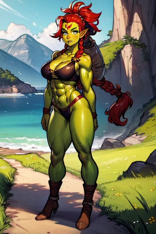 beautiful, (masterpiece:1.2), (best quality:1.2), perfect lighting, sharp focus,
1girl, solo, highly detailed face, high detail eyes, perfect eyes, perfect face, village, outdoors, sunny, looking_down, looking_at_viewer, standing, cowboy shot, green skin, full body,
orc, orc girl, colored skin, (tusk:1.4), mature orc girl, abs, toned, absurdly long red hair, braids, hair tied back,
pikkyfemaleorc,