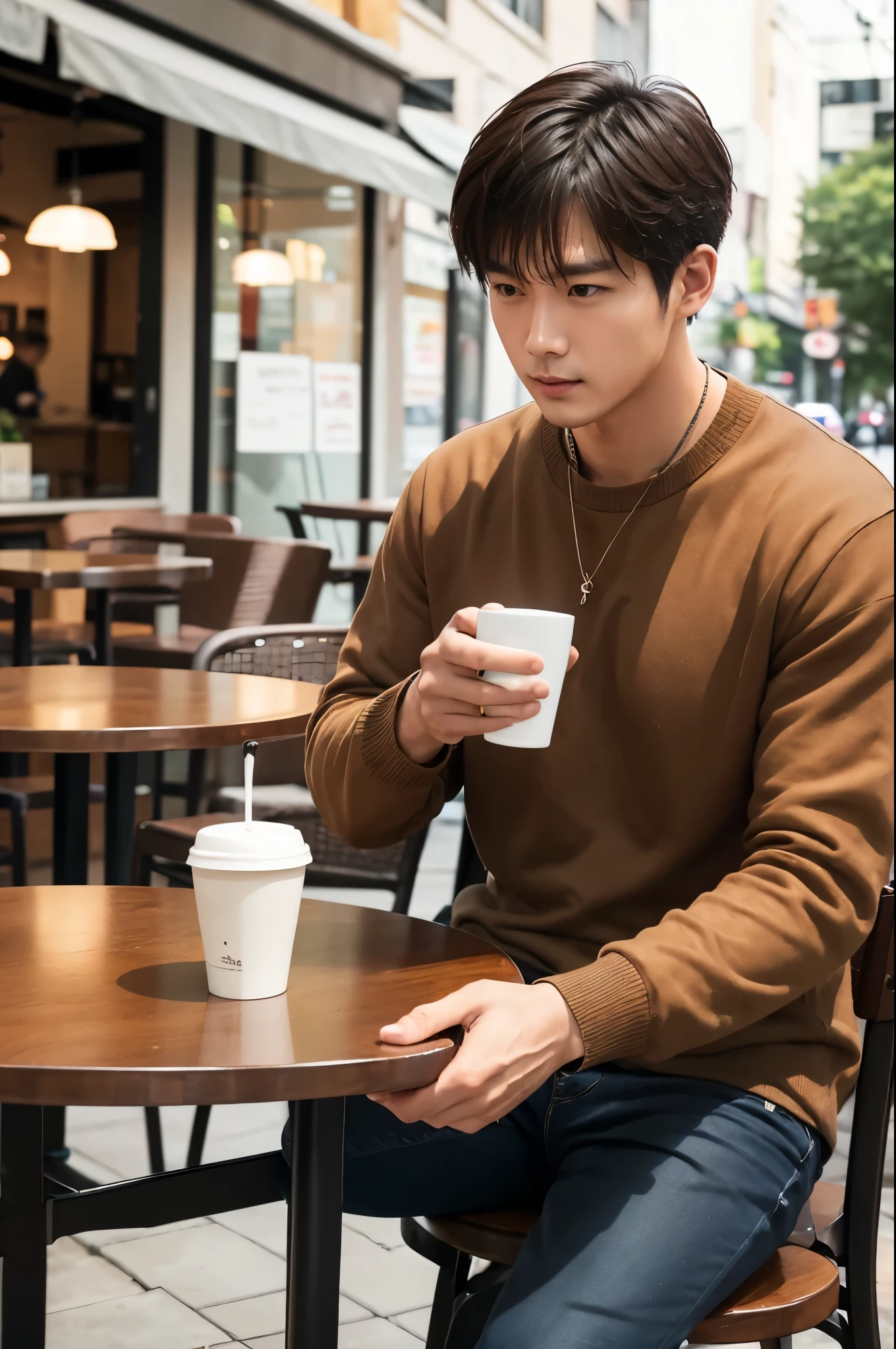 Man sitting at a table drinking coffee, Asian Man, Listen to the serial, Kang Liu, Sean Paultan photo style, Paint Ulzzang, christopher cao, Korean Man, Phuc Quan, sitting at a mocha-colored table, Enjoying coffee at a coffee shop, Mario Fong, Lee Won Bin, attractive man drinking coffee