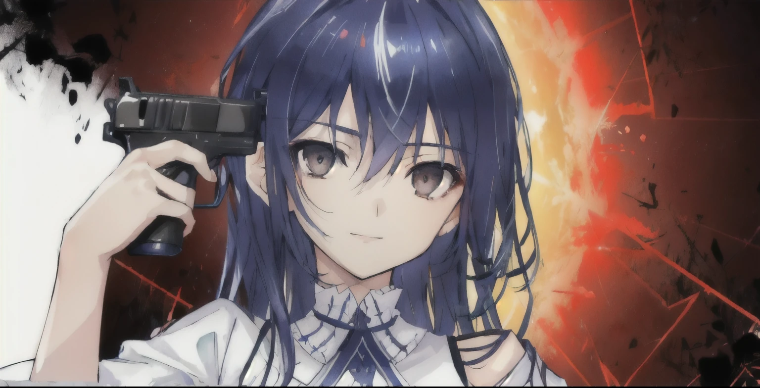 1girl with gun to head, Cowboy shooting, (Smiling, The pupil is dull, Crazy Eyes:1.2), White Dress,White Dress,Sitting upright,Sitting upright,Sit upright, Dark blue hair, Lifeless eyes,Speechless expression,Disgusted expression,Disgusted expression,Long hair, Eyeshadow, (Glowing eyes:0.7), gun, holding gun, Ridiculous, 8k wallpaper, Large Breasts, cleveage, Side milk, Stunning details ,Medium breasts,Medium breasts,Light eyes,Light eyes