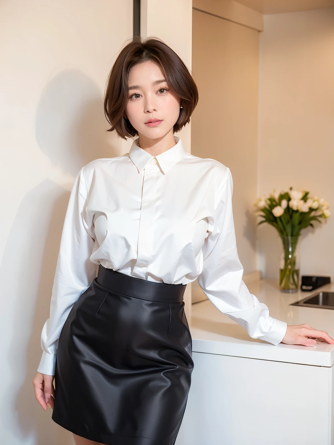 Patterned long sleeve dress、Tabletop、(White wall in the background、In front of a white door:1.4)、((highest quality、8k、masterpiece:1.3))、Japanese woman in her 38s、Ultra-high resolution、(photoGenuineistic:1.4)、RAW Photos、Japanese,(face)、Genuine、Photographed in natural light、Highly detailed face and skin texture、Highly detailed lips、The correct state of the human body、Shortcuts、short hair、short hair、Brown Hair、Various poses、Natural color lip、（横face：1.5）、（Wearing Comme des Garcons clothes：1.4）、笑face、Standing in front of the counter、Black pumps、White knee-length pencil skirt、Black silk satin blouse