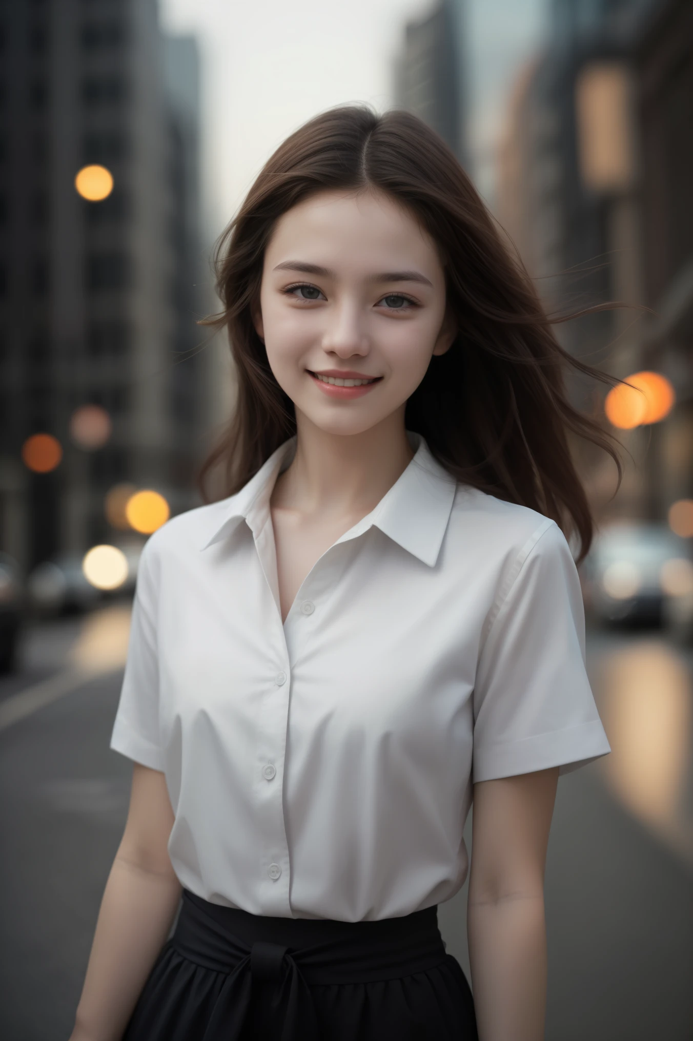 high quality, masterpiece, realistic, photo-realistic ,high definition, ultra detailed, raw photo,1girl, light smile, shirt with collars, waist up, dramatic lighting,stylish pose, city outdoors,  