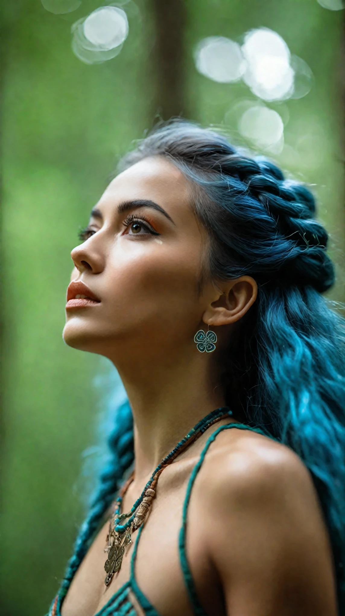 Nikon D850,85mm f/1.4 lens,shallow depth of field,natural light,A portrait of a wild woman painted with a clover face,intense gaze,flowing light blue hair,high cheekbones,strong jawline, bog breasts, standing in a forest,earthy tones,warm sunlight filtering through the trees,bokeh effect,(8k, RAW photo, best quality, masterpiece:1.2),(realistic, photo-realistic:1.2),(Wearing a Celtic hat decorated with clover:1.3),best quality,ultra high res,sharp focus,photography,vivid colors,tribal,exotic,fierce expression,confident stance,Face painting with clover pattern,(clover-style pendant:1.2),natural beauty,1girl,(Bust photo:1.2),A woman with a micro-lateral body,beautiful detailed eyes,strong presence,atmospheric,immersive experience,forest backdrop,serene yet wild appearance,detailed texture of face paint,subtle reflections in eyes,high resolution,high contrast,shadow play,detailed hair strands,natural makeup,cultural representation,authenticity,