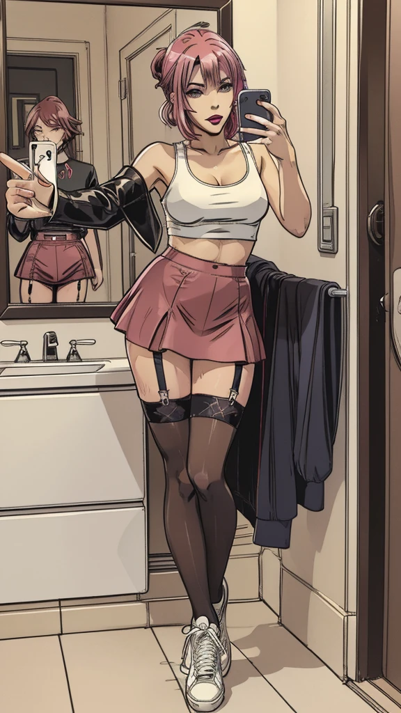 vector image:1.2, 2d cartoon,masterpiece, An anime woman, blush,colored hair, bold makeup, nylon stockings with garters:1.2, skirt, leather jacker, sporty top, horny pose:1.1, gloomy orgasm,thigh-high heels, sneakers, selfie, in restroom, full body