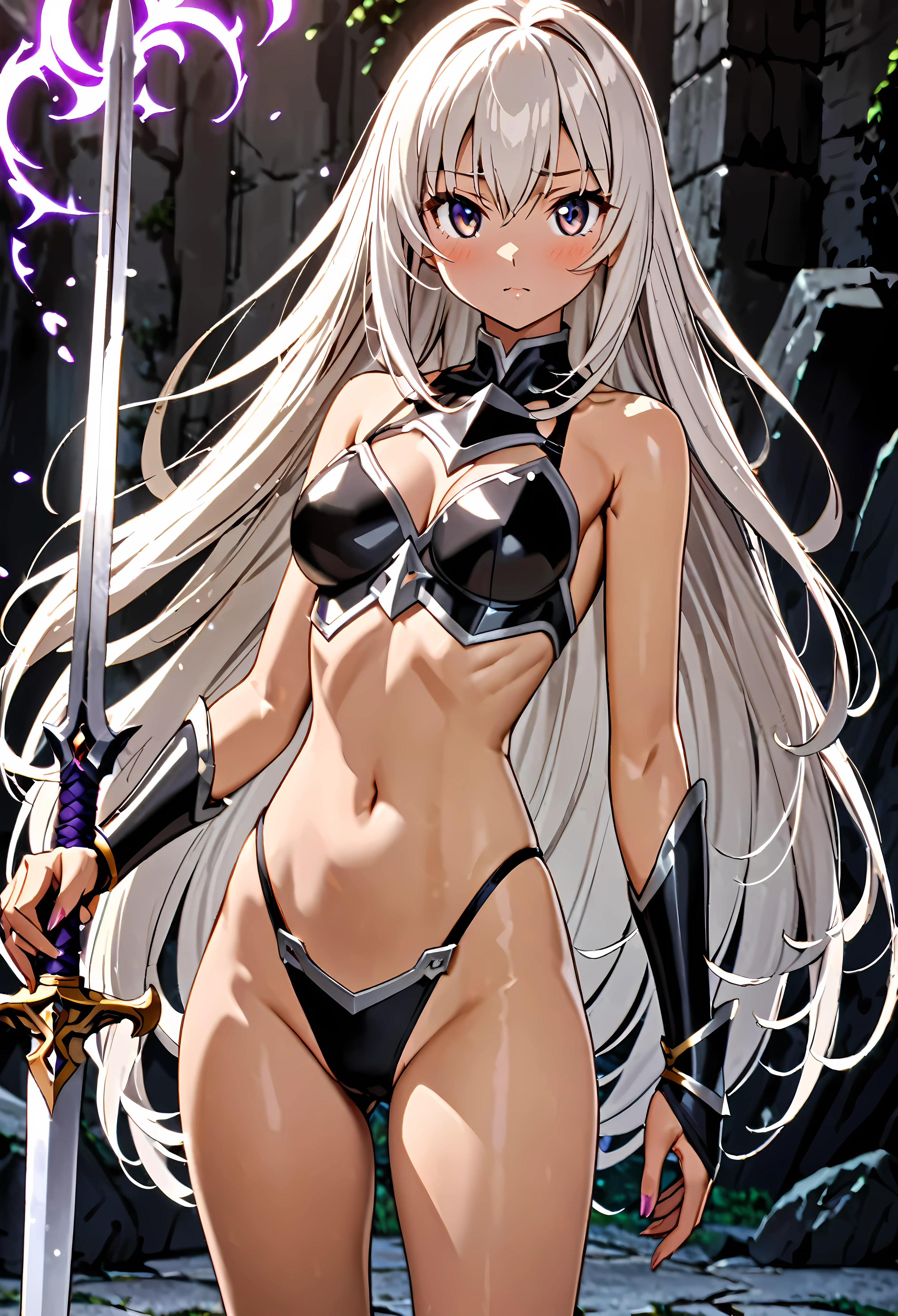 Fantasy art、1 female,The perfect 25 years old,((ideal ratio body proportions,small head:1.7,brown skin)),((high quality anime, 8k,masterpiece,Perfect Anatomy)),(beautiful detailed face and eyes,gorgeous eye:1.3,Almond Eyes),female knight、(silver hair),Straight long hair,bangs,blush,medium breasts,slender body,skinny,Sexy Bikini Armor、A world of swords and magic、