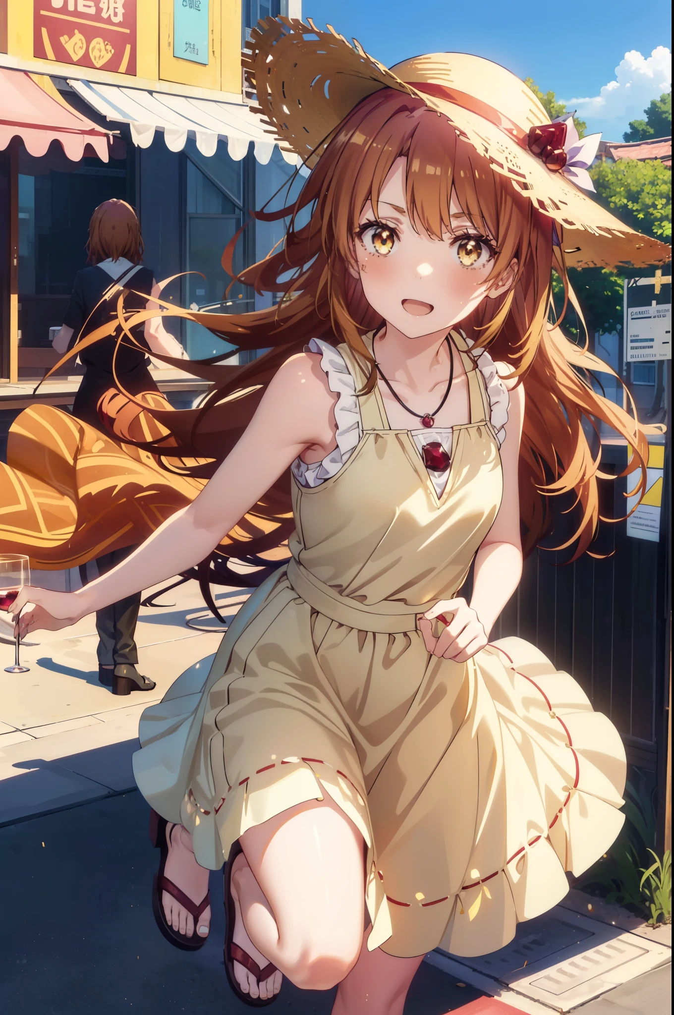 irohaisshiki, Isshiki Iroha, Long Hair, Brown Hair, (Brown ruby eyes:1.5), Sleeveless yellow dress,Yellow long skirt,Bare neck,Locket Necklace,Cute Sandals,Straw hat,happy smile, smile, Open your mouth,Daytime,Clear skies,True Summer,whole bodyがイラストに入るように,
break outdoors ,公園
break looking at viewer,whole body,
break (masterpiece:1.2), highest quality, High resolution, unity 8k wallpaper, (shape:0.8), (Beautiful and detailed:1.6), Highly detailed face, Perfect lighting, Highly detailed CG, (Perfect hands, Perfect Anatomy),