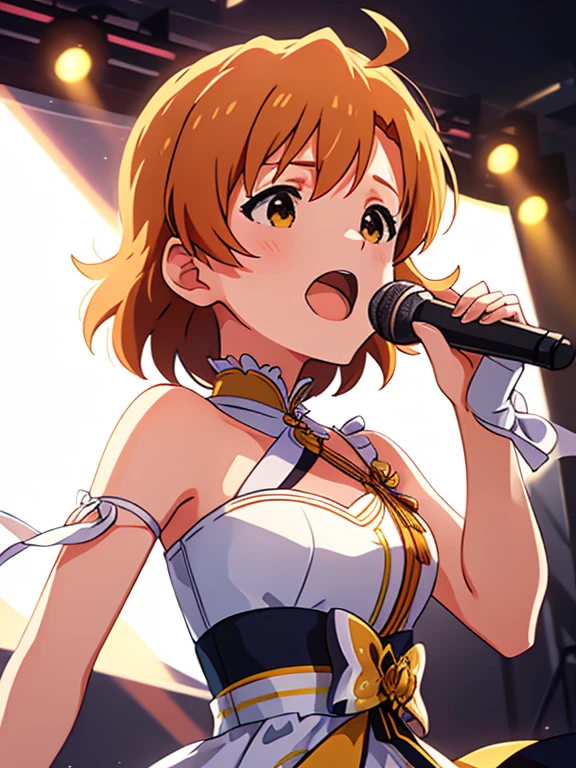 {{{masterpiece}}}, {{{best quality}}}, {{ultra-detailed}}, {illustration}, {{an extremely delicate and beautiful}},1girl,solo,kana yabuki (million live),blown hair,short hair,singing,on live stage,idol clothes,grap 1mike,