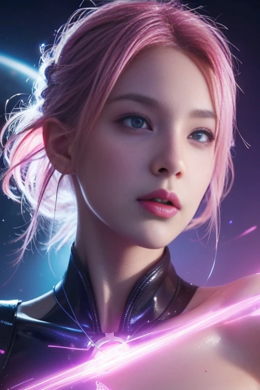 A portrait of beautifully stunning woman, naked, fair skin, pink hair, surrounded by a swirling nanodusty plasma in electric blue and vibrant purple, vibrant colors, digital painting, trending in Artstation, cinematic lighting, and dynamic composition.