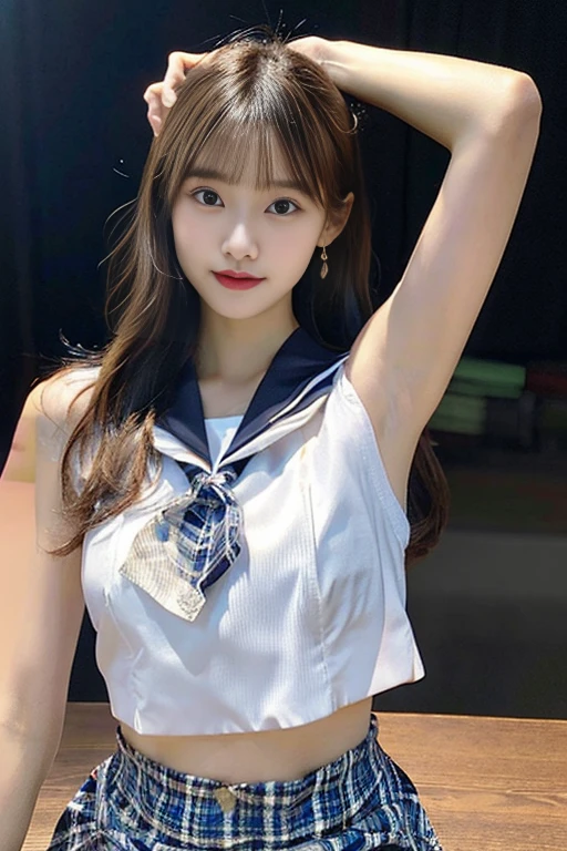 Highly detailed CG Unity 8k wallpaper, Very delicate and beautiful, Shockingly, Finely, official art, absurd, incredibly absurd, Ultra Detailed,The light shines on your face,Looking at the audience, (perfect woman image), slim waist, Full Body Esbian, permanent, ((Sailor Suit, Plaid skirt, Collared shirt, abdomen, Open your clothes, sleeveless tops)), bare arm, Bangs, (best quality, 4K, On the table: 1.3), Beautiful Japanese Araphi woman、15age、Surreal, 1 girl,The face is rich in detail,Lip detail, Beautiful eyes,double eyelids, (Beautiful and delicate lips),Sexy face、Light brown hair、Medium Length Hair、(Seductive figure: 1.2), (Thin waist:1.1)、Flowing hair、((Solitary))、 Half-smile, Color Background, Looking at the audience,big breasts Thin waist,Movie Lighting, ((15 years old girl, Slim, Thin waist, Thin thighs, Thin arms)), ((Raise your arms, Expose your armpits))