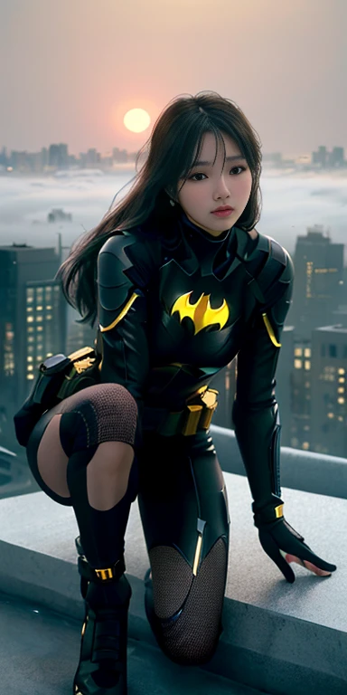 (1 woman:1.3), alone, (((Very detailed face)))), ((very detailed 눈과 얼굴)))), beautiful 디테일의 눈, body parts__, official art, Integrated 8K wallpaper, very detailed, beautiful and beautiful, beautiful, masterpiece, best quality, original, masterpiece, very nice photo, best quality, ultra high resolution, realistic realism, night, Moonlight, full body portrait, amazing beauty, dynamic pose, delicate face, lively eyes, (in front), she wears a batman suit, Yellow and black color scheme, spider, very detailed 도시 지붕 배경, rooftop, overlooking the city, detailed face, Detailed complex busy background, very cool, milk white, very detailed 피부, realistic skin details, Visible Pores, clear focus, volumetric fog, 8k words, DSLR, high quality, film grain, fair skin, photo realism, lomography, Futuristic dystopian megacity, transparent