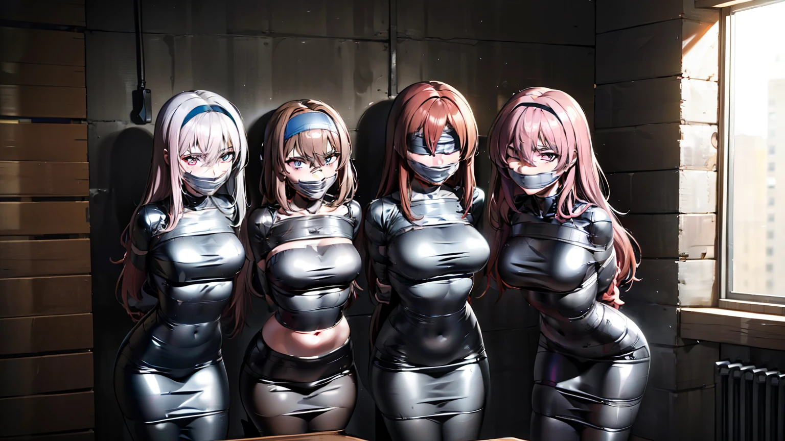  ((Imprisoned in a warehouse)), ((4 women)), duct tape, duct tape gagged, mummification, arms behind back, (Highly detailed CG Unity 8k), (highest quality)，(Very detailed)，(Ultra-high resolution), ************, Black Hair, duct tape blindfold, mummified, ((Duct tape is used to restrain the whole body.:1.2)), blindfold, ((Cover the eyes completely with duct tape:1.2)), Hands tied behind back, 1人目はBlack Hairロングヘアー, The second person has brown hair and a bob cut., The third person has medium-long red hair., The fourth person is a silver-haired ponytail., BDSM, ((head band)), Four people huddle together, blindfold, Blindfolded and gagged, 