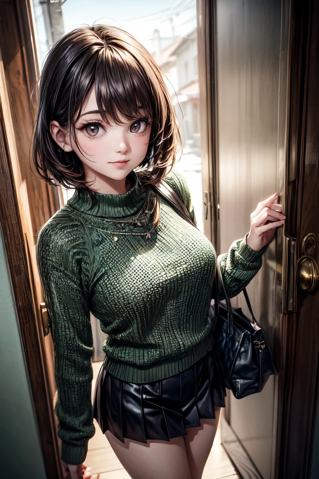 very cute and beautiful girl,(highly detailed beautiful face),
(seductive smile:1.2),looking at viewer,
(green sweater:1.13),cowboy shot,pleated black mini skirt,
standing in house door,town view,holding tote bag,black hair,
(best quality,masterpiece),absurdres,highres,ultra-detailed,extremely detailed,32k,8k resolution,
intricate details,cinematic scene,detailed background,solo,dynamic angle,aesthetic darkbrown eyes,