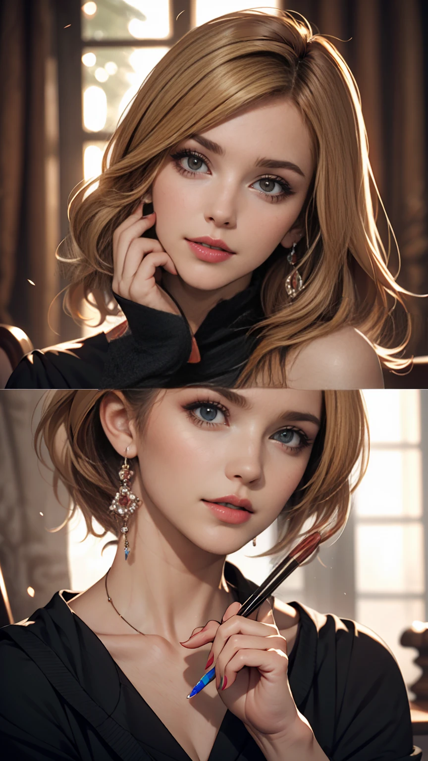 Beautiful woman paints her lips with lipstick. Beautiful woman face, Fine details, high quality, high quality. Vivid and True Colors