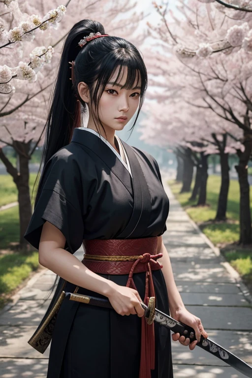 masterpiece、highest quality、Full body female、One Girl、Samurai Style、Holding a Japanese sword、The Japanese sword is held in the hand inside its sheath.,Under the cherry tree、Toned body、ponytail、Black Hair、Eyes and facial details、Sharp pupils