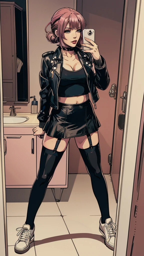vector image:1.2, 2d cartoon,masterpiece, An anime woman, blush,colored hair, bold makeup, nylon stockings with garters:1.2, skirt, leather jacket, sporty top, horny pose:1.1, gloomy orgasm,thigh-high heels, sneakers, selfie, in restroom, full body